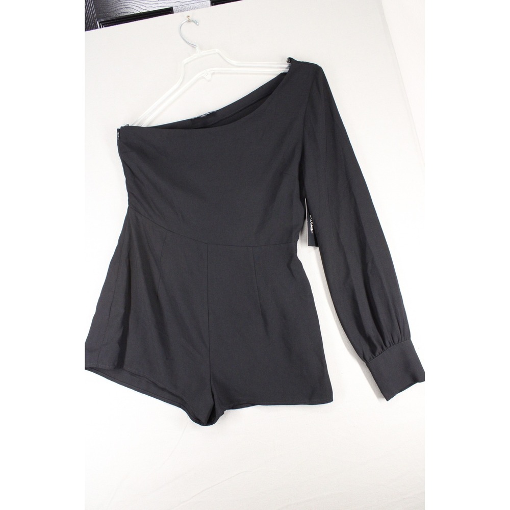 Lulus Romper One Shoulder Women L Black Woven Long Sleeve Minimalist Party NWT
